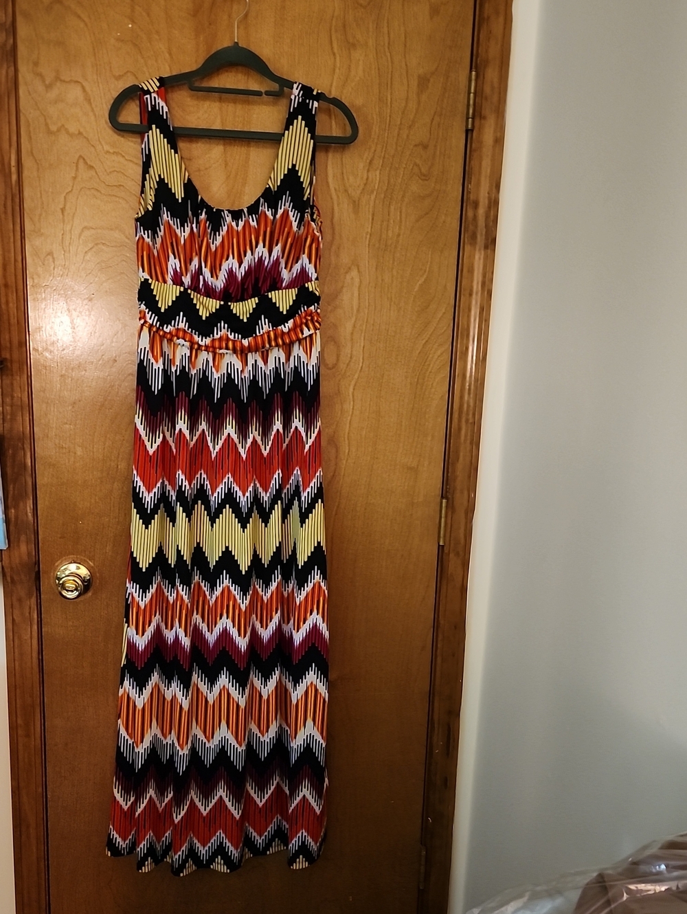 AB Studio Sleeveless Chevron Maxi Dress in Yellow, Red, Black, Orange & White